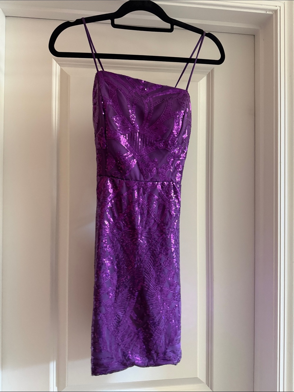 Purple Sequin Spaghetti-Strap Sheath Dress for homecoming